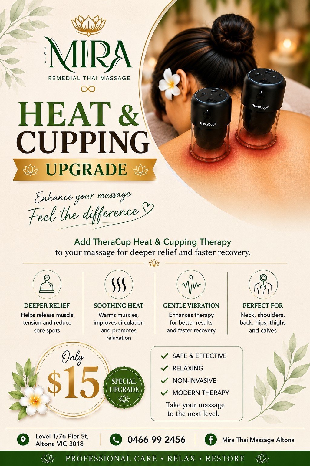 Heat and Cupping massage upgrade for deeper relief, soothing heat and faster recovery — $15